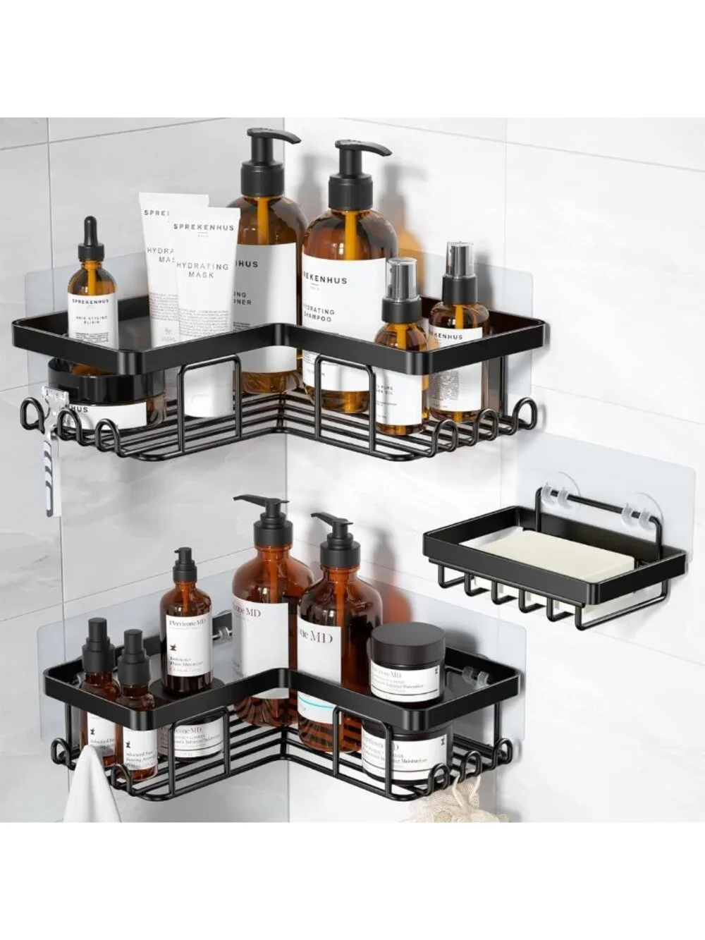 Rustproof Corner Shower Caddy with Soap Holder & 12 Hooks, Wall-Mounted